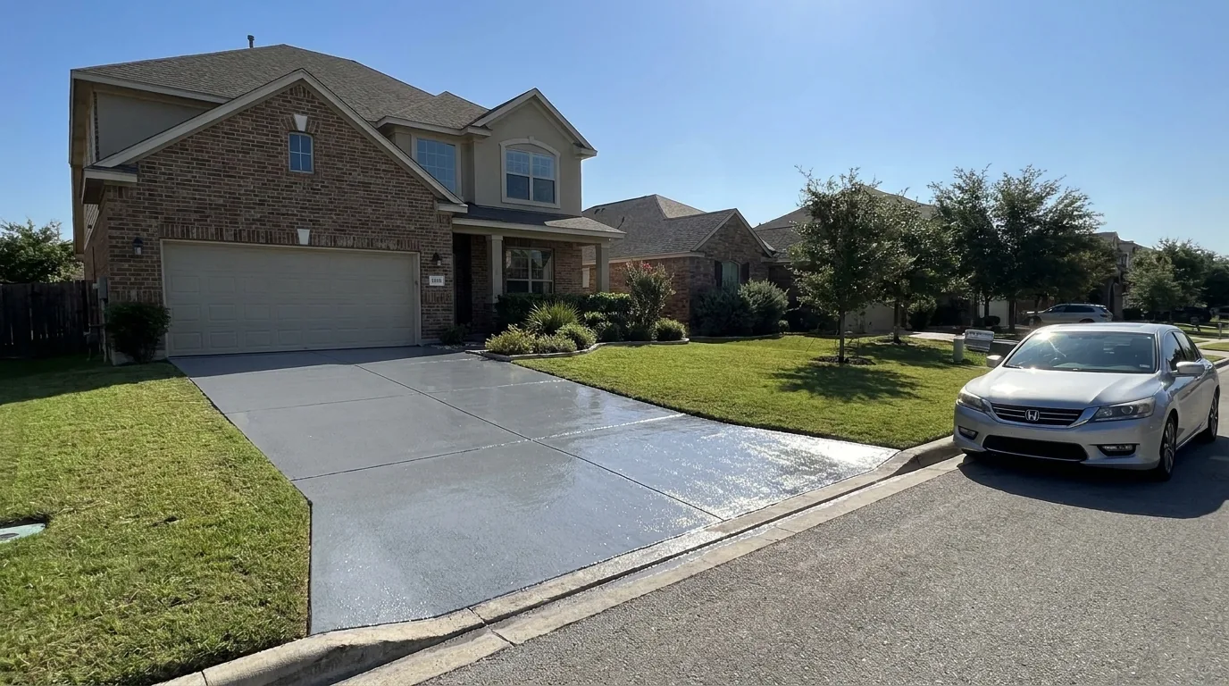 Freshly coated residential driveway with gray polyaspartic coating on San Antonio suburban home
