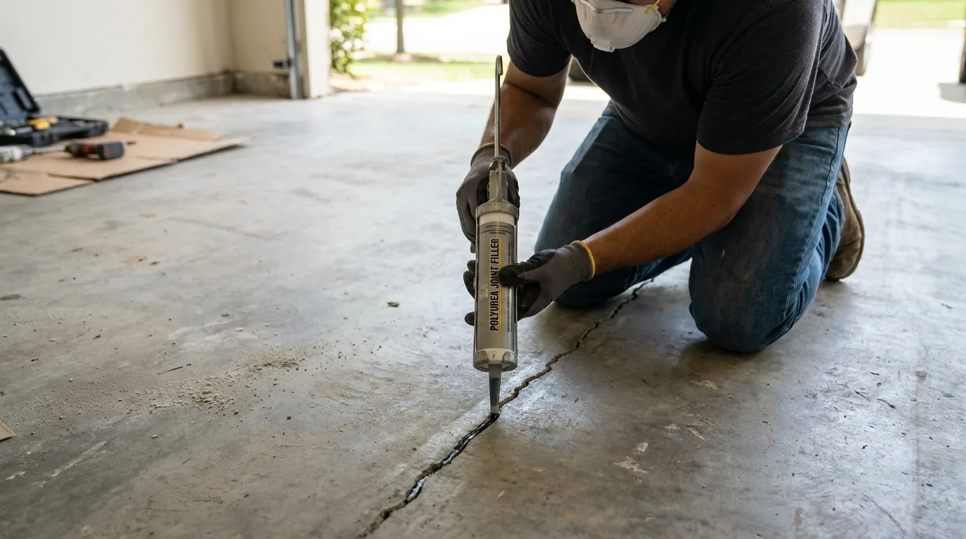 Worker applying polyurea crack filler into a concrete garage floor crack in San Antonio