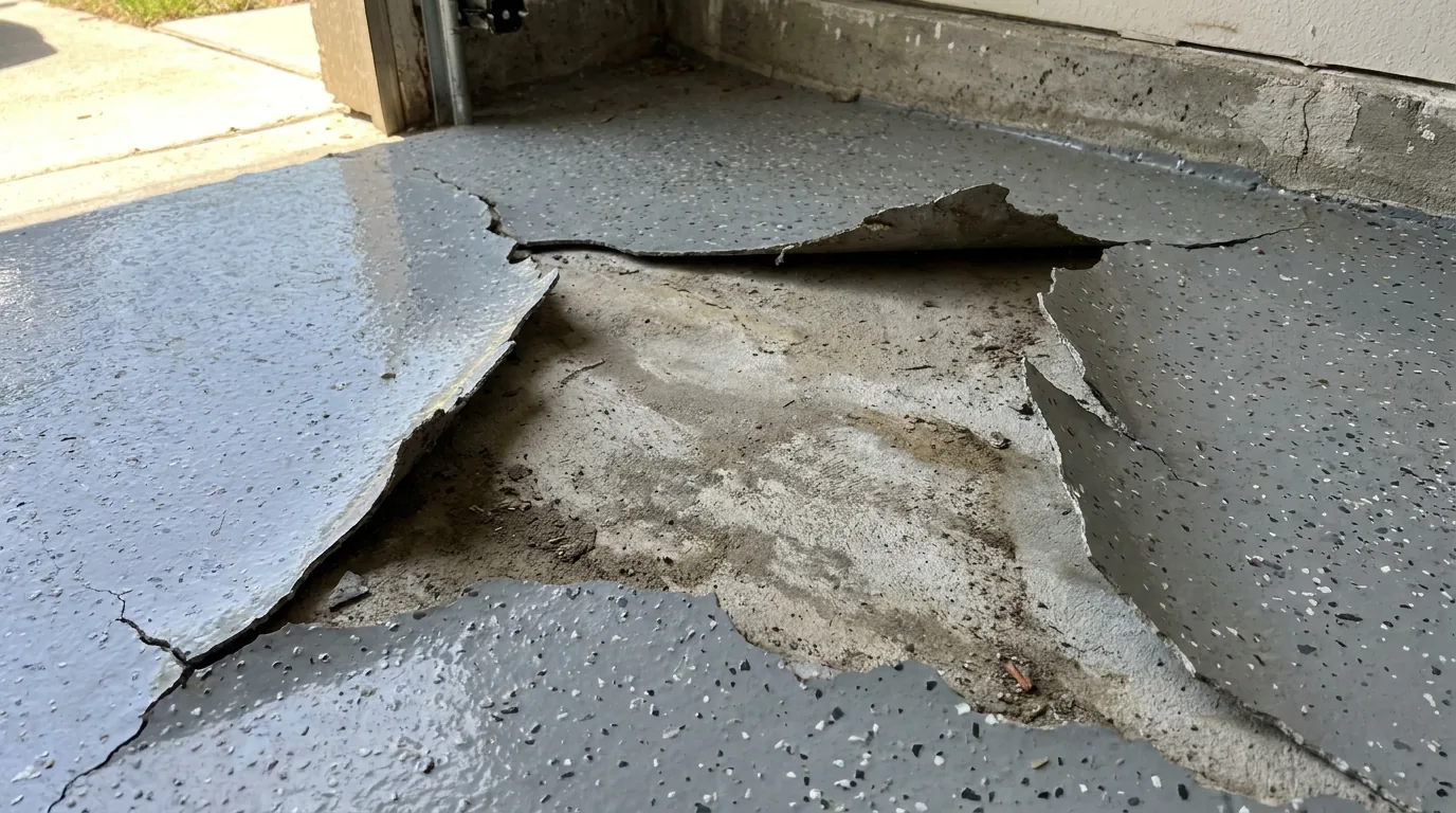 Epoxy floor coating delaminating and peeling away from concrete in a San Antonio garage