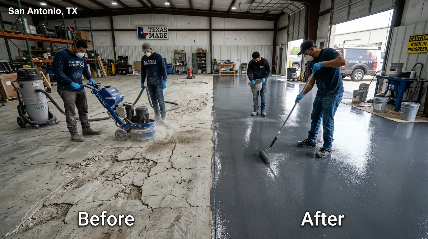 Contractor applying new epoxy coating over repaired cracked concrete floor in San Antonio