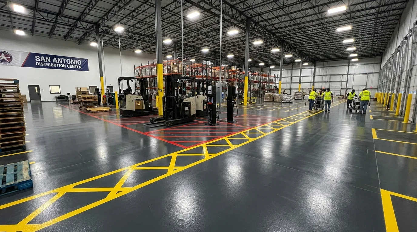 OSHA-compliant epoxy floor striping with yellow aisle markings and red safety zones in San Antonio warehouse