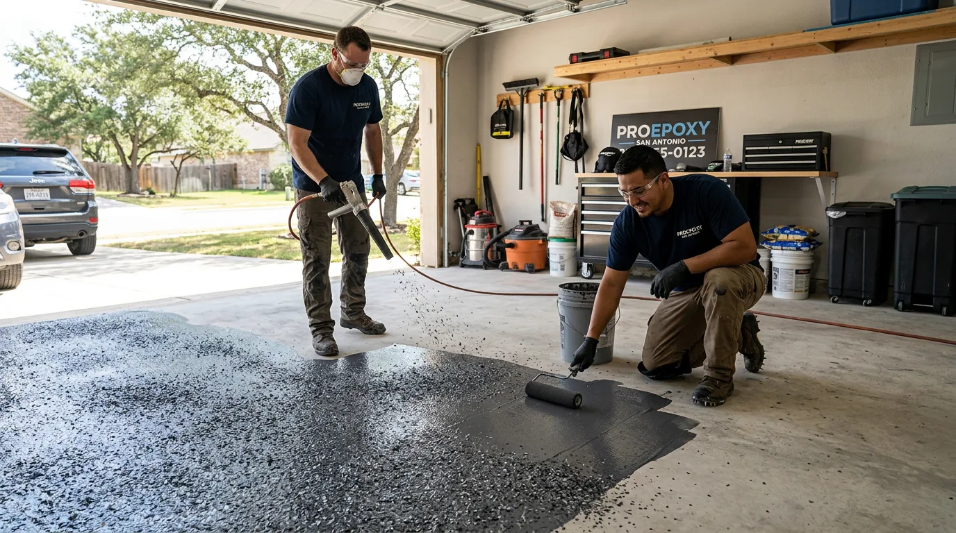 Local ProEpoxy contractor crew installing epoxy floor in San Antonio Texas garage