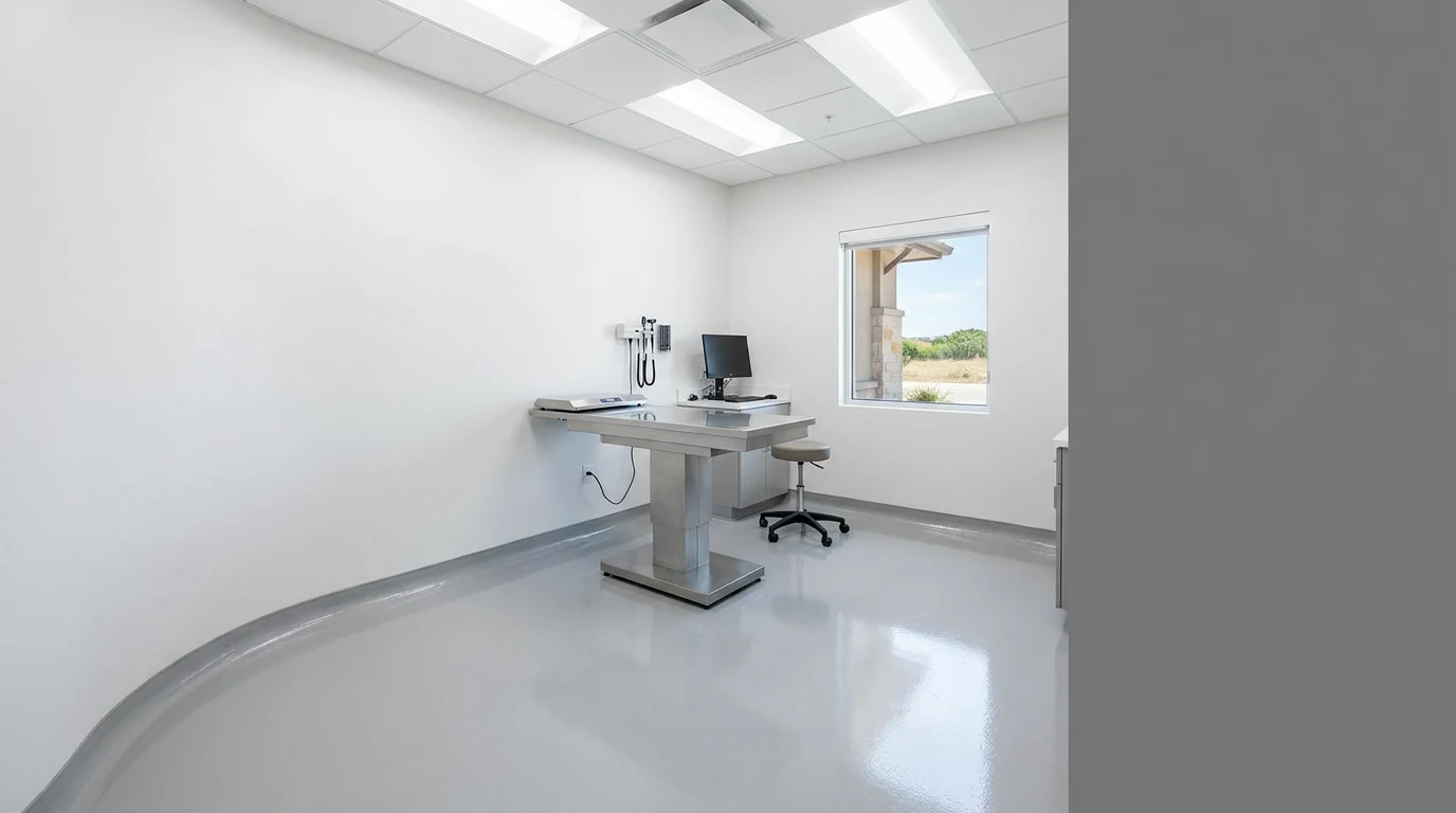 Seamless epoxy flooring with coved base in San Antonio veterinary clinic examination room