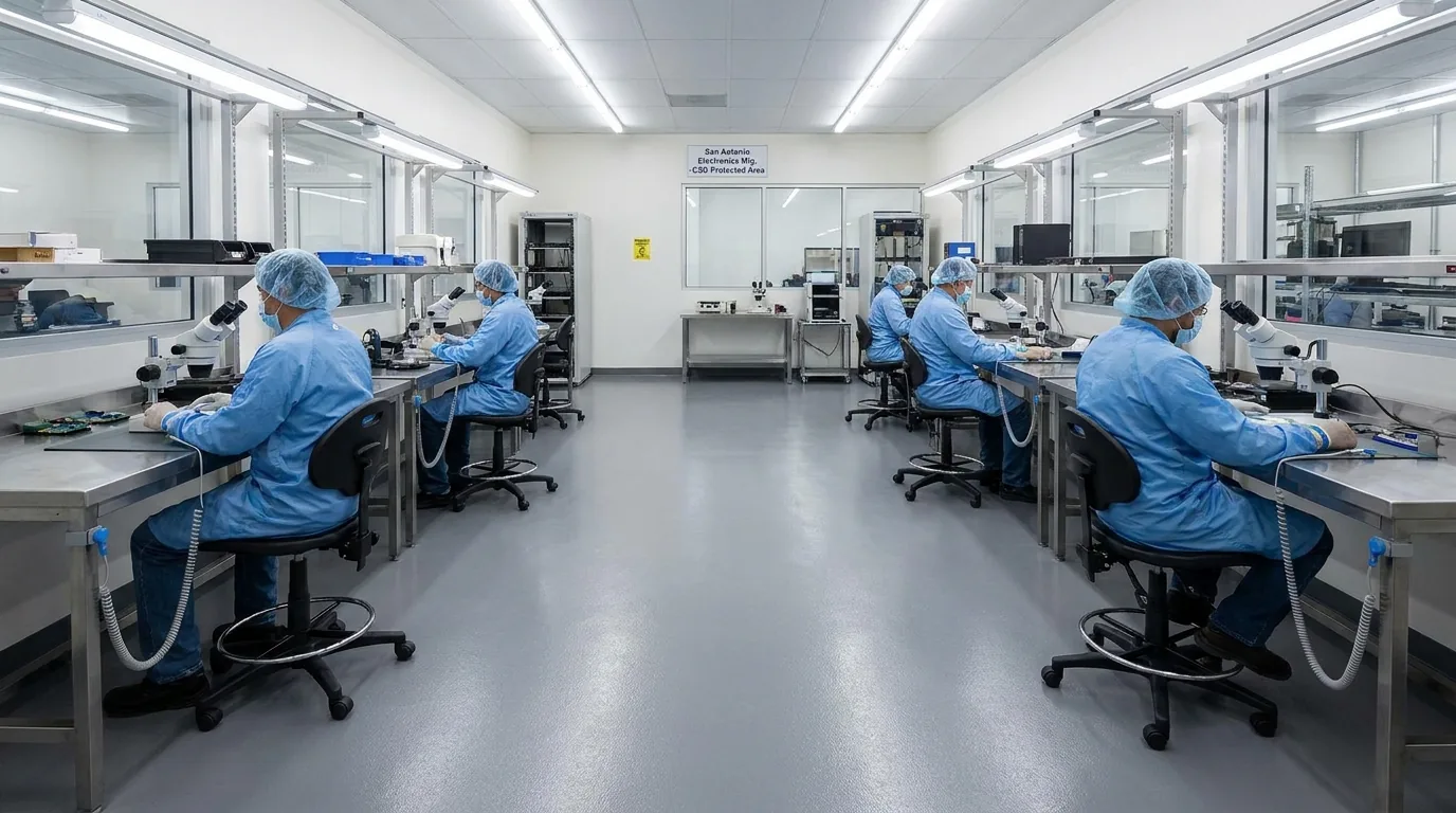 ESD anti-static epoxy flooring in San Antonio electronics manufacturing cleanroom with grounding straps
