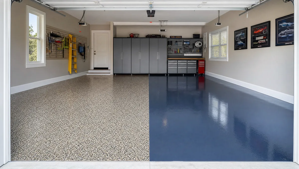 Side-by-side comparison of epoxy chip flake flooring versus polyaspartic floor coating in a garage