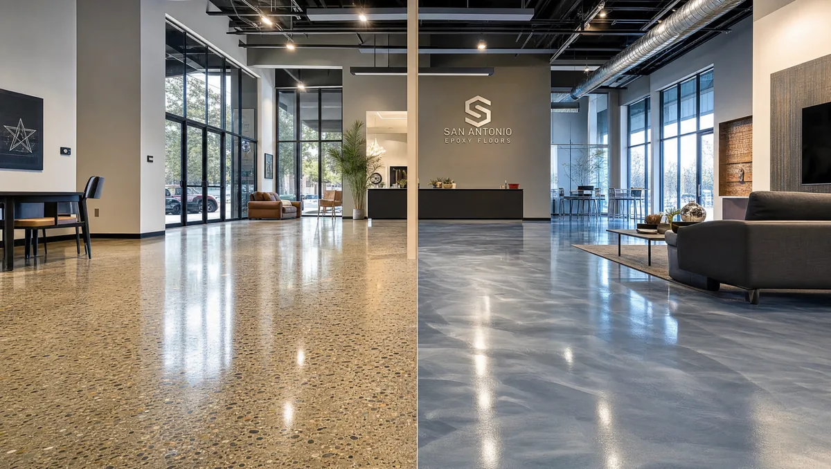 Split comparison of polished concrete floor versus metallic epoxy floor coating in a San Antonio commercial space