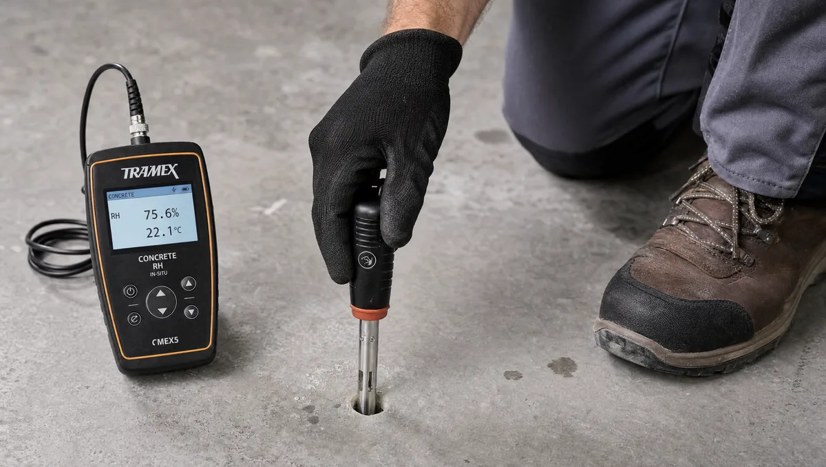 Flooring technician performing ASTM F2170 in-situ concrete moisture testing before epoxy installation