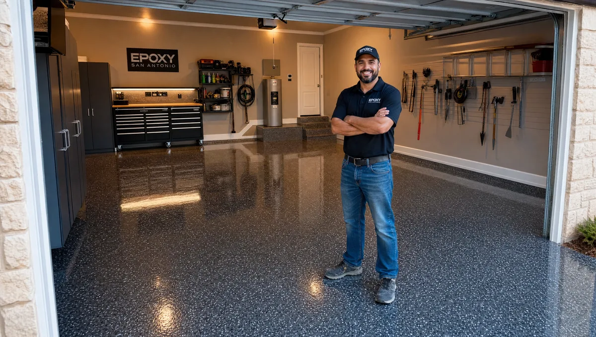 Professional epoxy flooring contractor in San Antonio garage with freshly coated dark charcoal epoxy floor