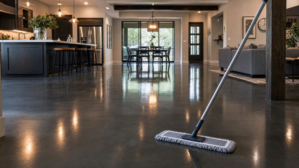 Clean, well-maintained epoxy garage floor in a San Antonio home with chip finish and high-gloss polyaspartic topcoat