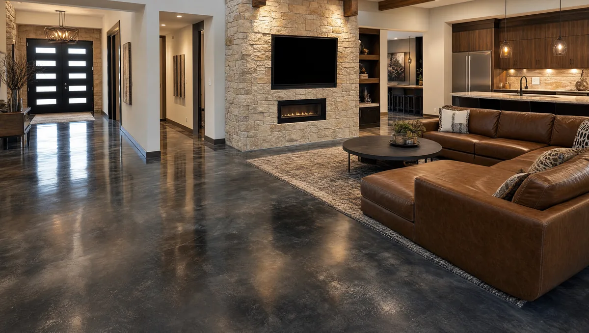 Side-by-side comparison of acid-stained concrete and chip-broadcast epoxy flooring finishes in a San Antonio home