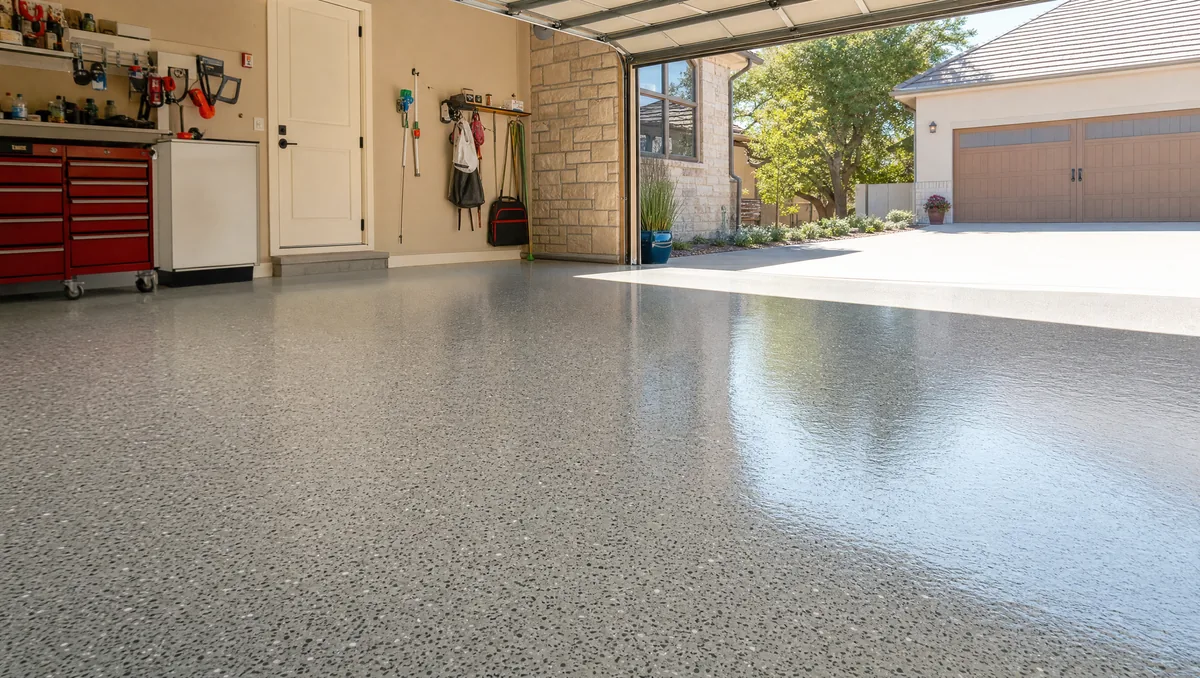 Long-lasting professionally installed epoxy garage floor in San Antonio showing chip-broadcast finish after years of Texas heat exposure