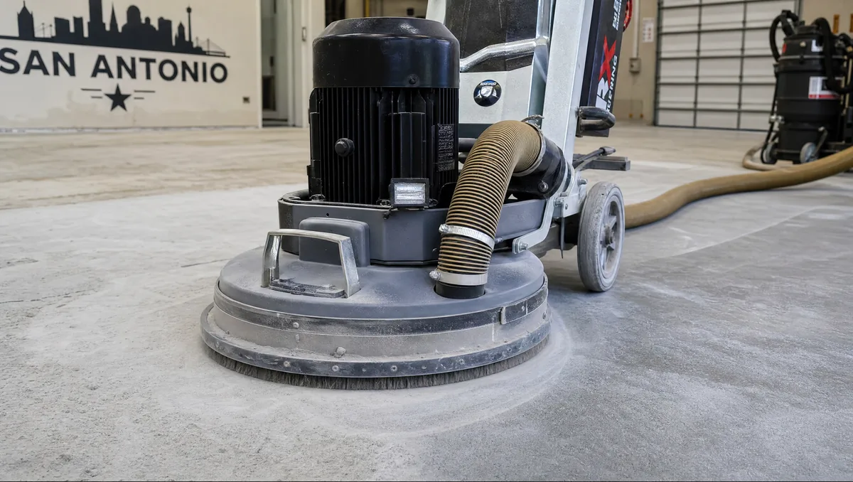 Industrial diamond floor grinder working on concrete slab with dust extraction hose, surface preparation before epoxy coating in San Antonio