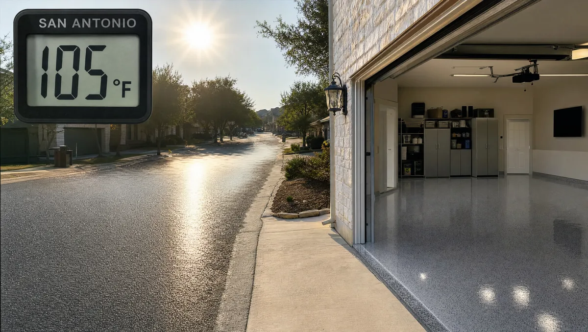 San Antonio residential street in extreme summer heat with heat shimmer rising from asphalt, garage in background showing fresh epoxy floor, thermometer reading 105°F