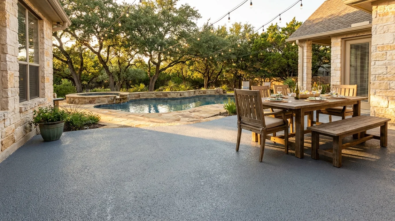 Residential backyard patio with outdoor epoxy coating, pool visible, San Antonio Texas