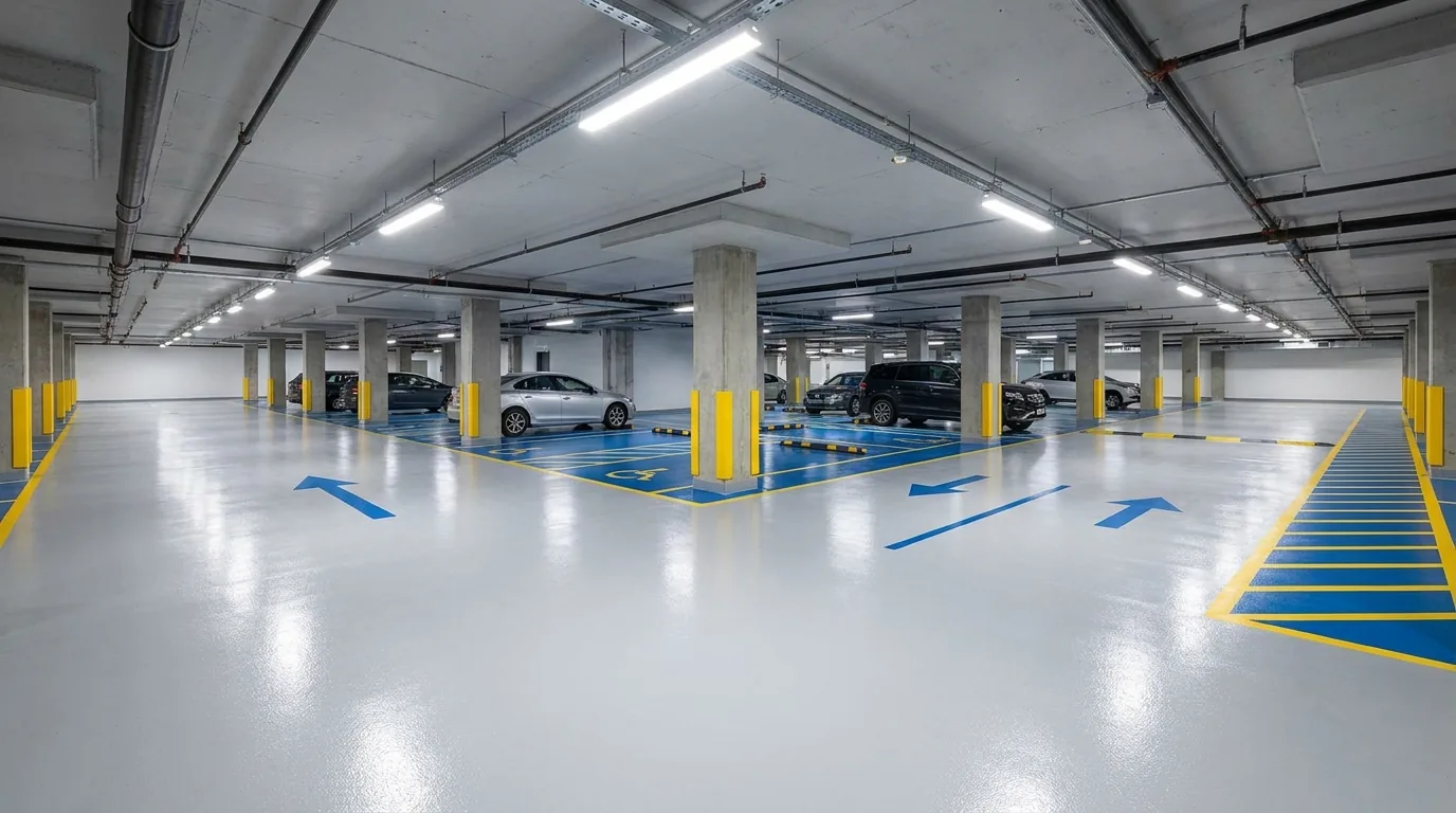Parking garage with professionally applied epoxy floor coating and traffic lane markings in San Antonio