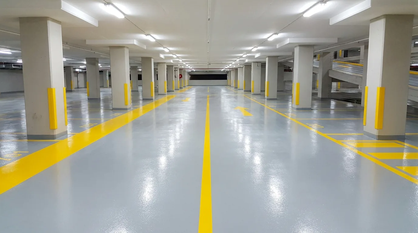Commercial parking garage interior with traffic deck coating and lane markings in San Antonio