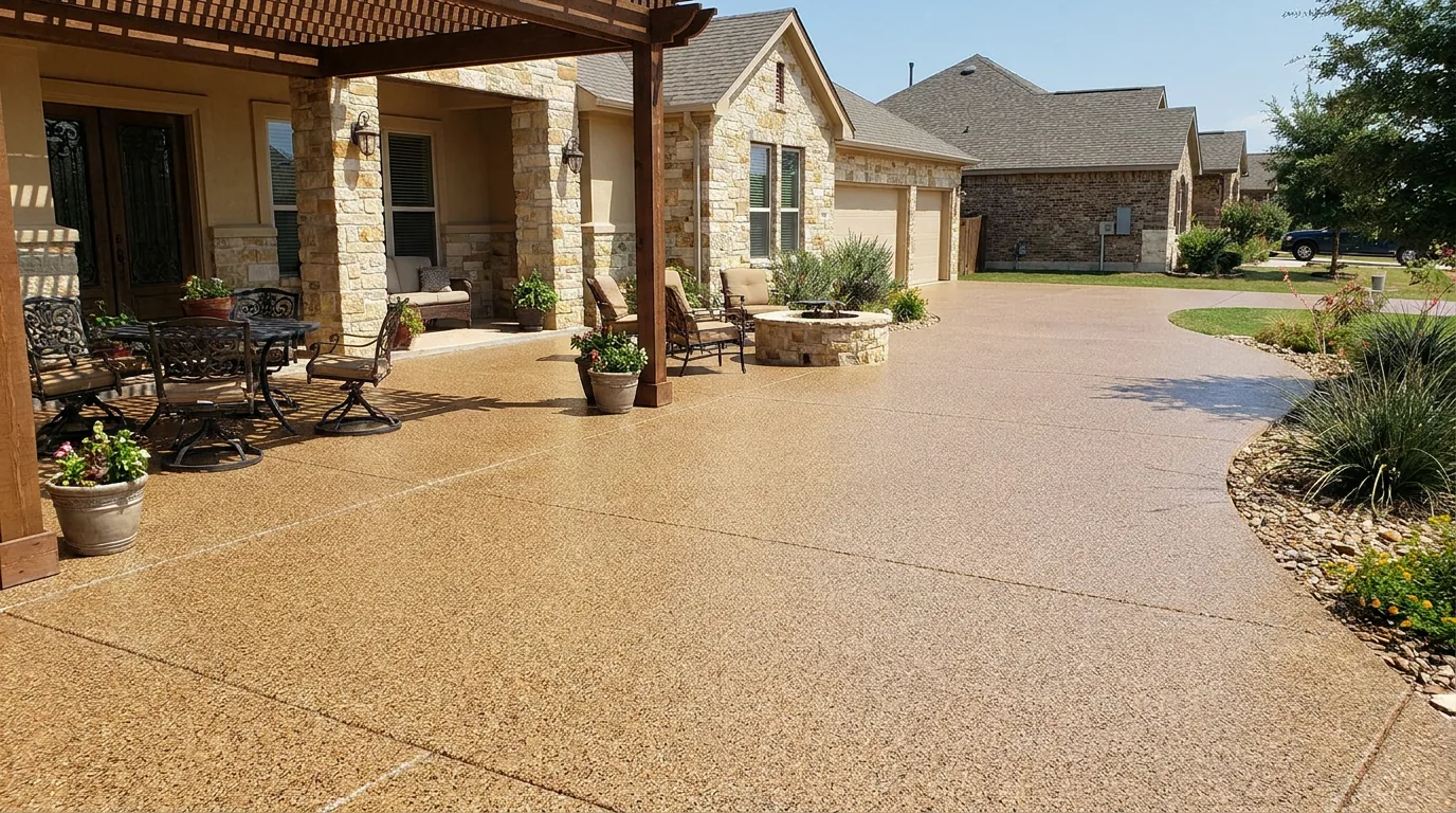 Decorative polyaspartic coating with chip broadcast flakes on residential patio in San Antonio Texas