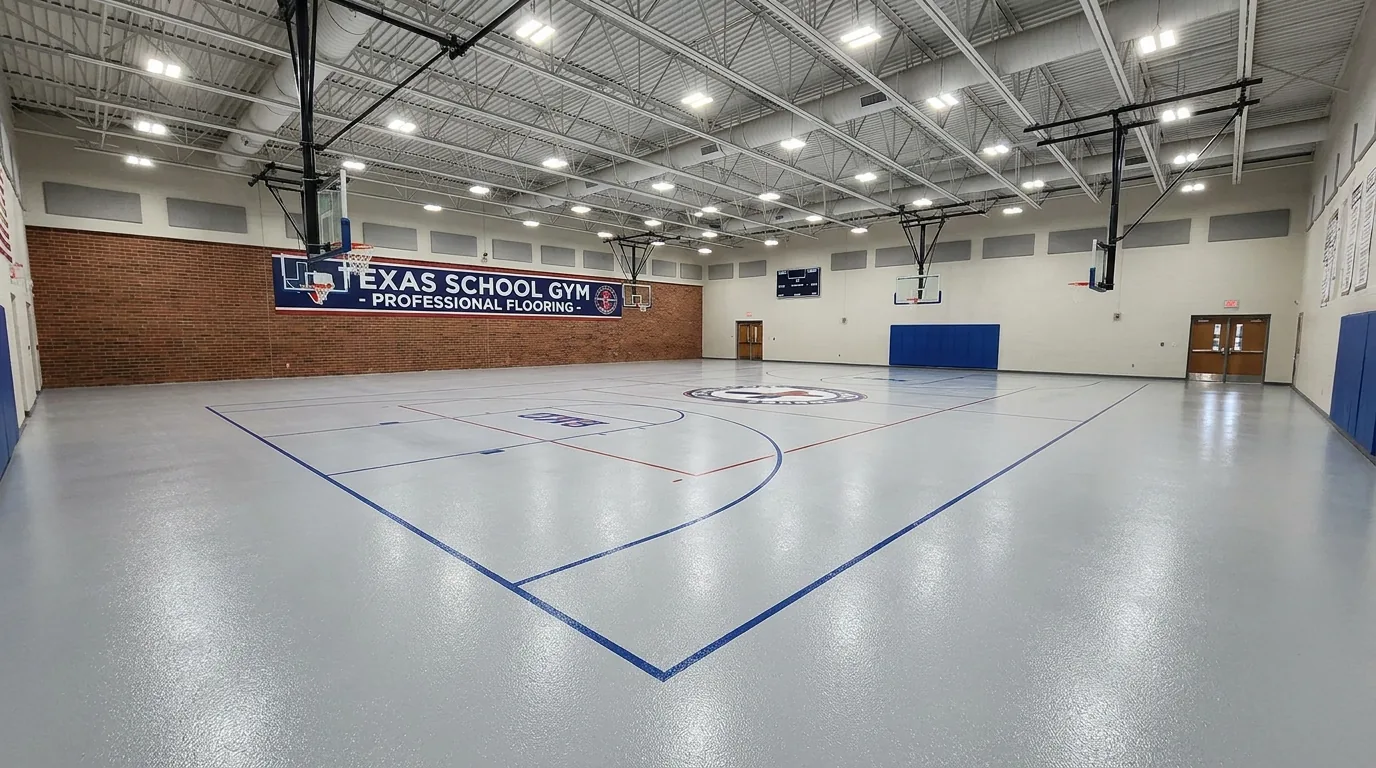Seamless epoxy flooring in Texas school gymnasium with anti-slip finish and basketball court markings