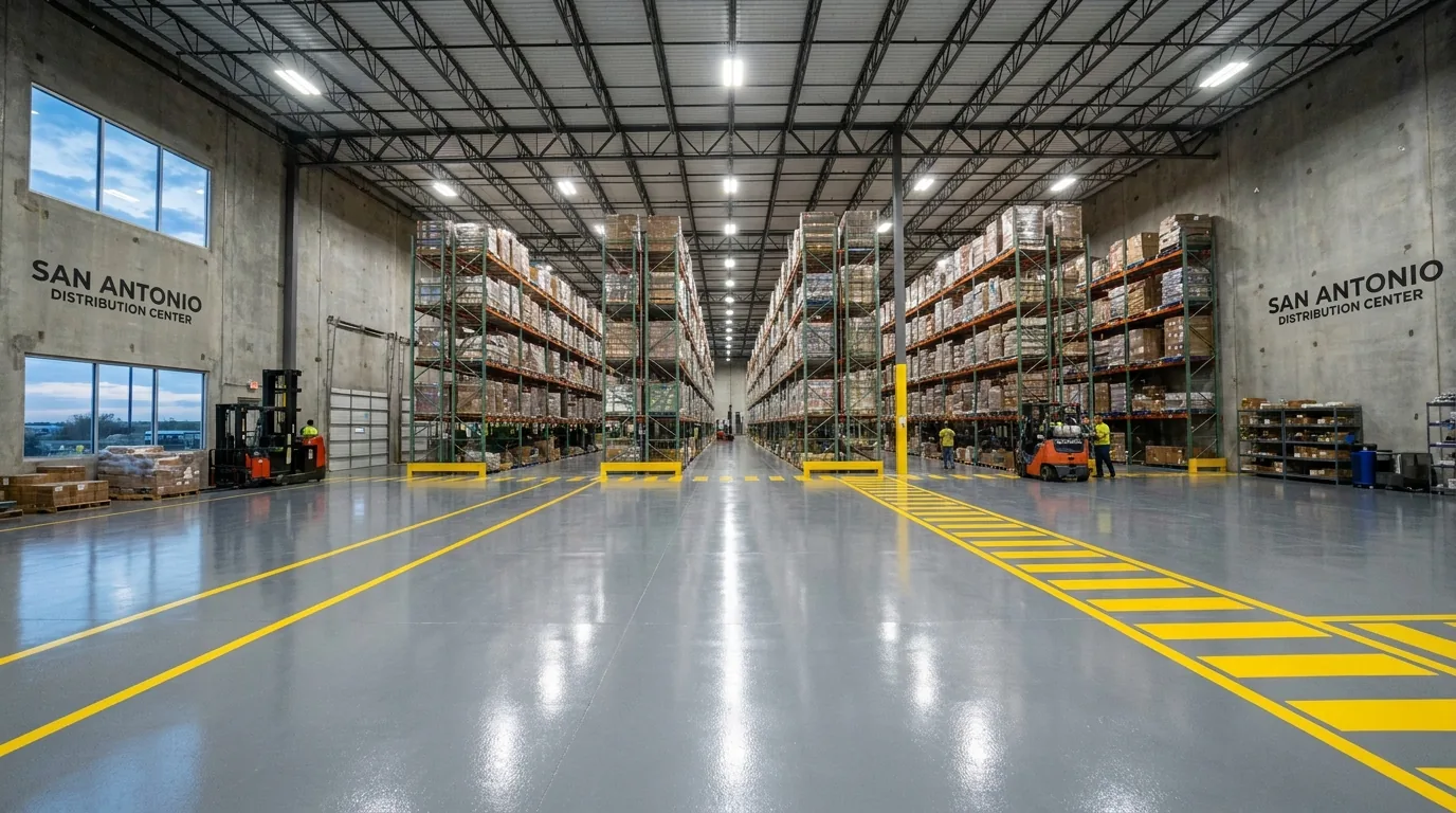 San Antonio warehouse with solid color gray epoxy floor and yellow forklift aisle markings